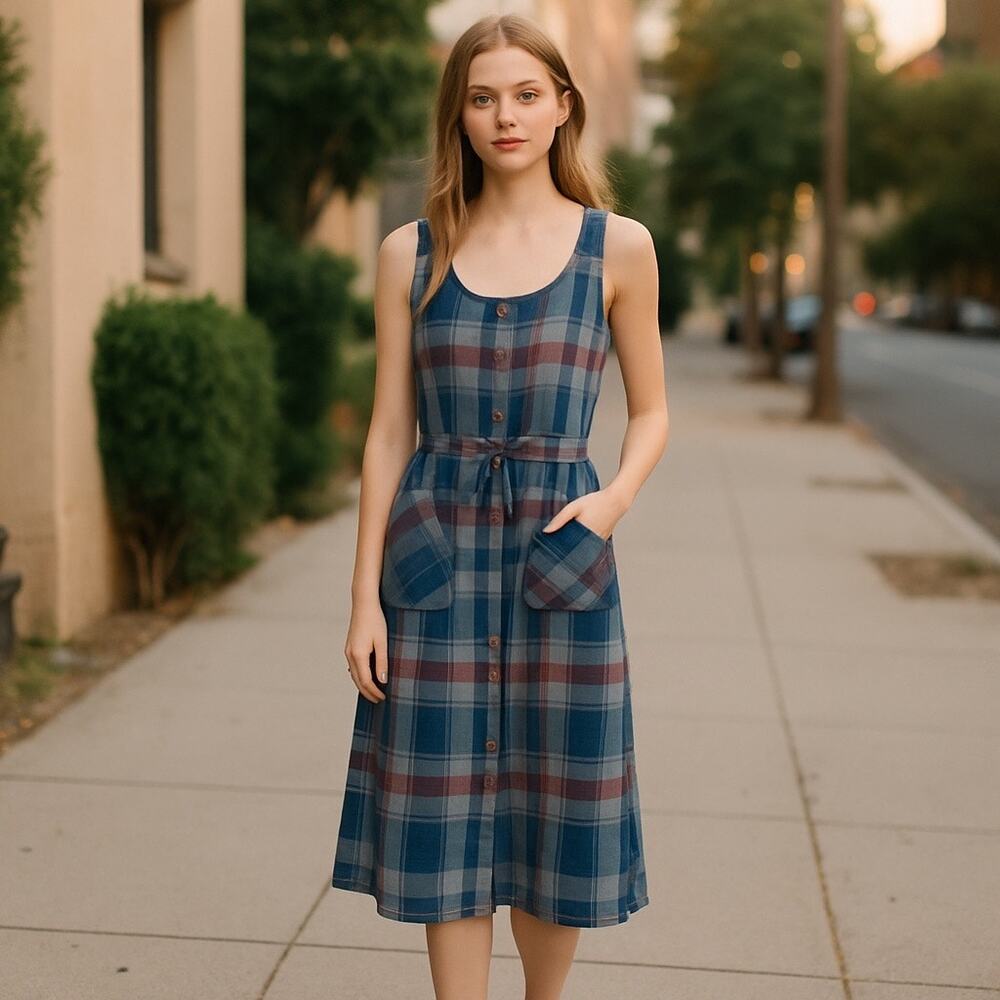 Vintage Plaid Cotton Twill Sundress Size 7 Cinch Waist, Button Down, Cottagecore